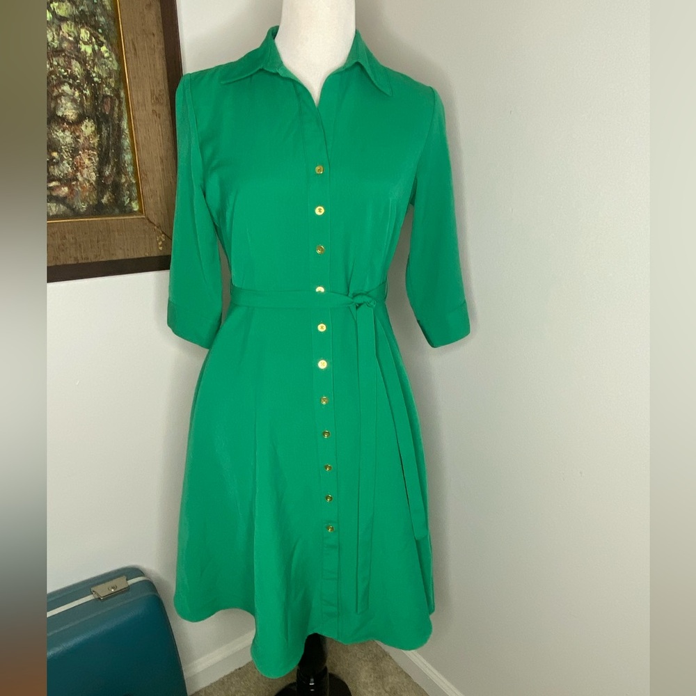 SHARAGANO Petite 6P Emerald Green Dress Roll-Tab Sleeves Belted Gold Buttons